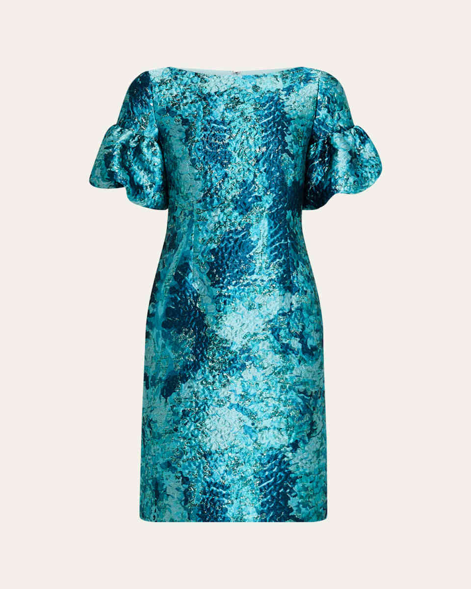 Puff-Sleeve Metallic Jacquard Dress